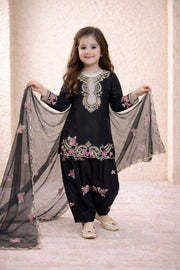 Girls Black Embroidered Kurta Salwar Set with Dupatta