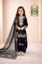 image, Girls Black Embroidered Kurta Salwar Set with Dupatta
