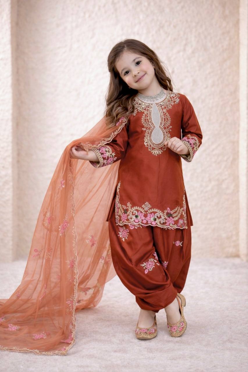 Girls Rust Orange Embroidered Kurta Salwar Set with Dupatta