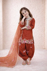 Girls Rust Orange Embroidered Kurta Salwar Set with Dupatta