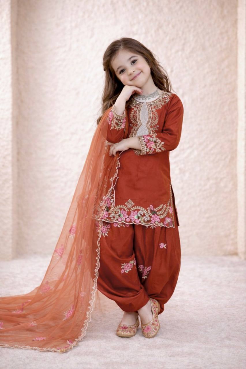 Girls Rust Orange Embroidered Kurta Salwar Set with Dupatta