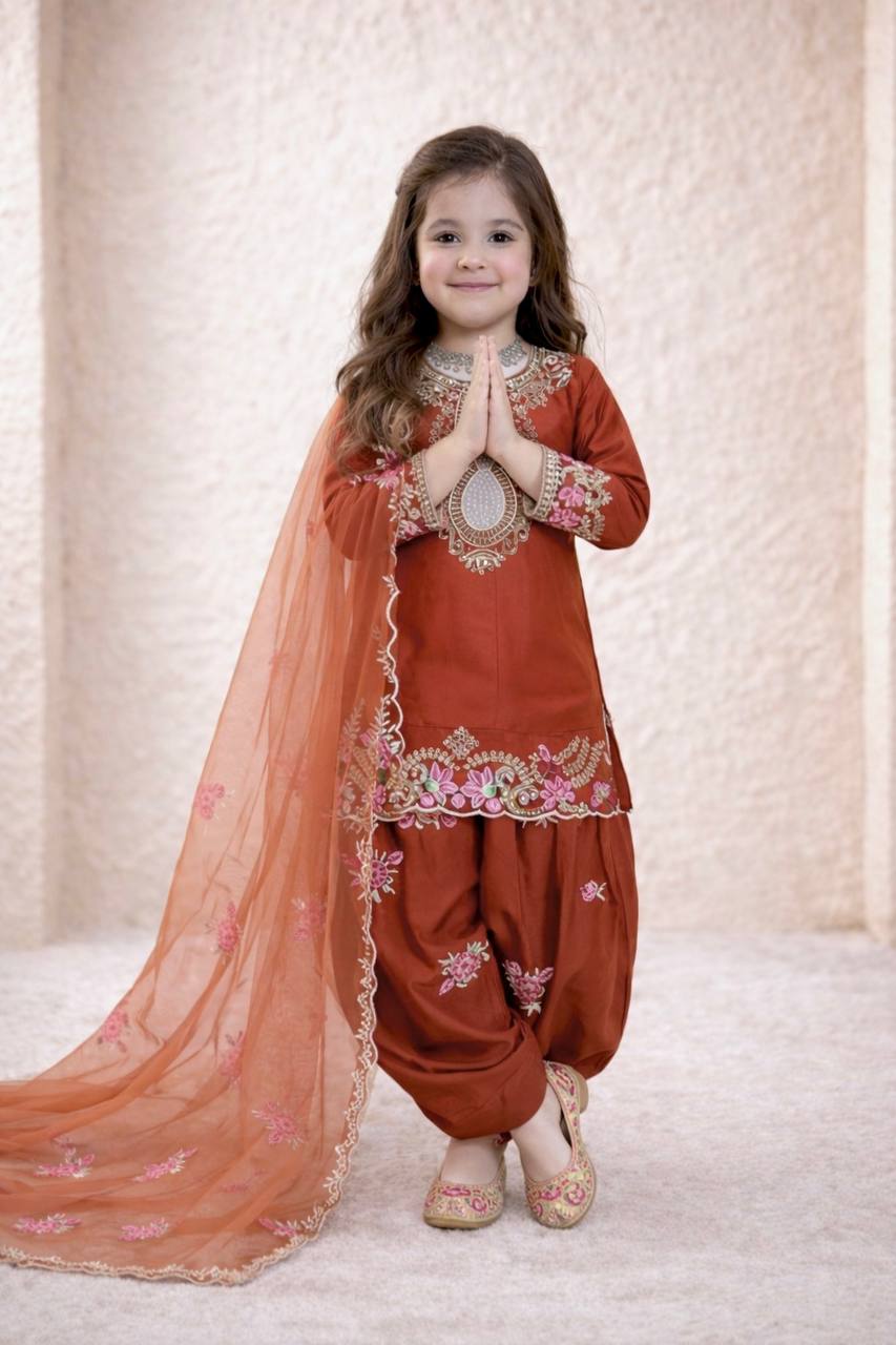 Girls Rust Orange Embroidered Kurta Salwar Set with Dupatta