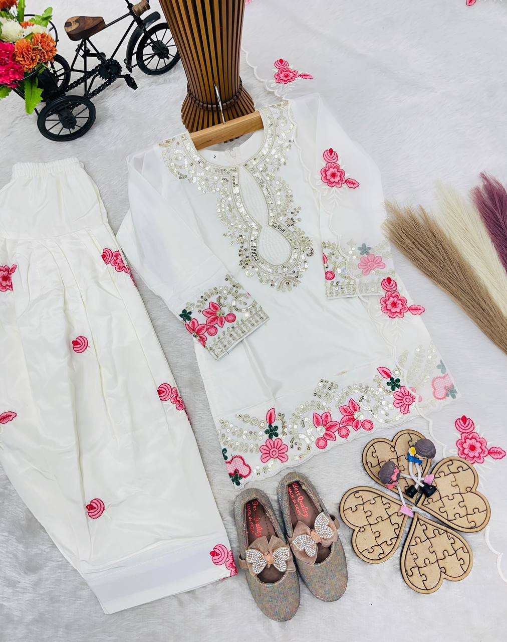 Girls Off White Embroidered Kurta Salwar Set with Dupatta