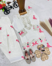 Girls Off White Embroidered Kurta Salwar Set with Dupatta