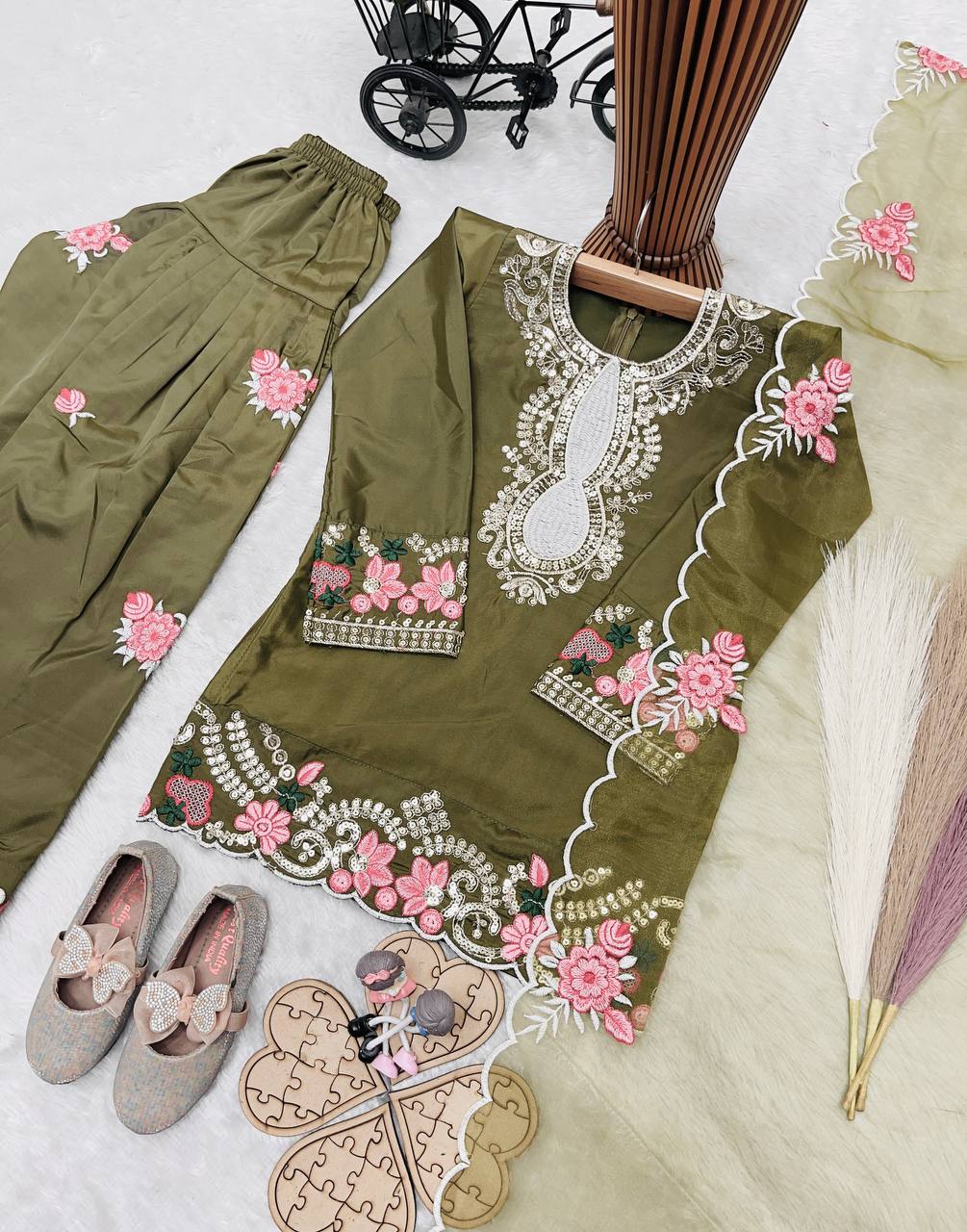 Girls Olive Green Embroidered Kurta Salwar Set with Dupatta