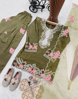 Girls Olive Green Embroidered Kurta Salwar Set with Dupatta