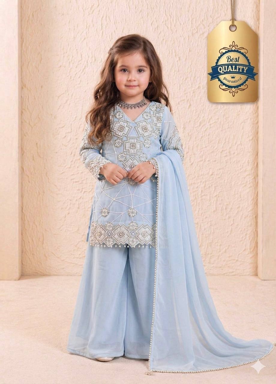 Girls Powder Blue Embroidered Kurta Palazzo Set with Dupatta