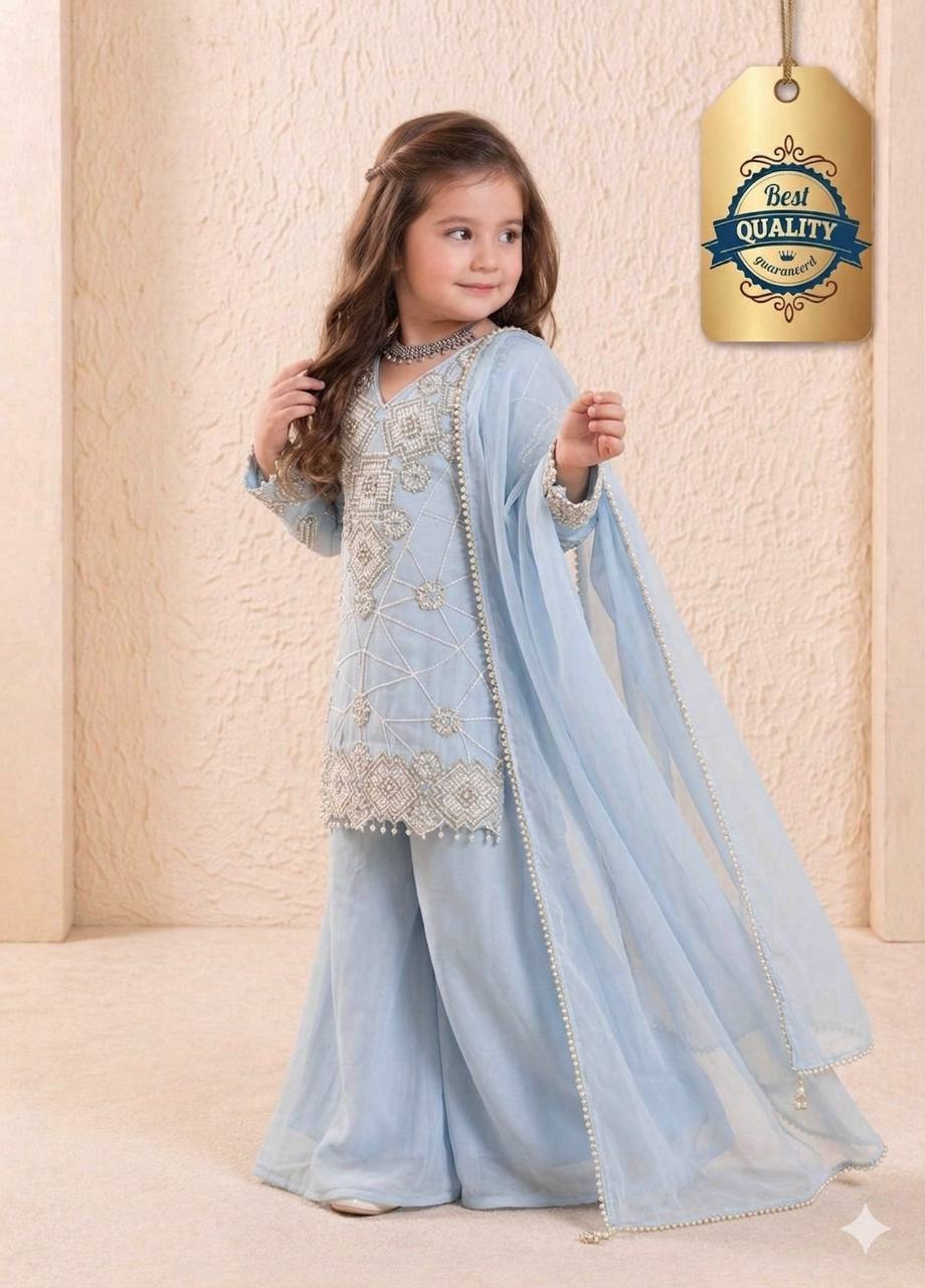Girls Powder Blue Embroidered Kurta Palazzo Set with Dupatta