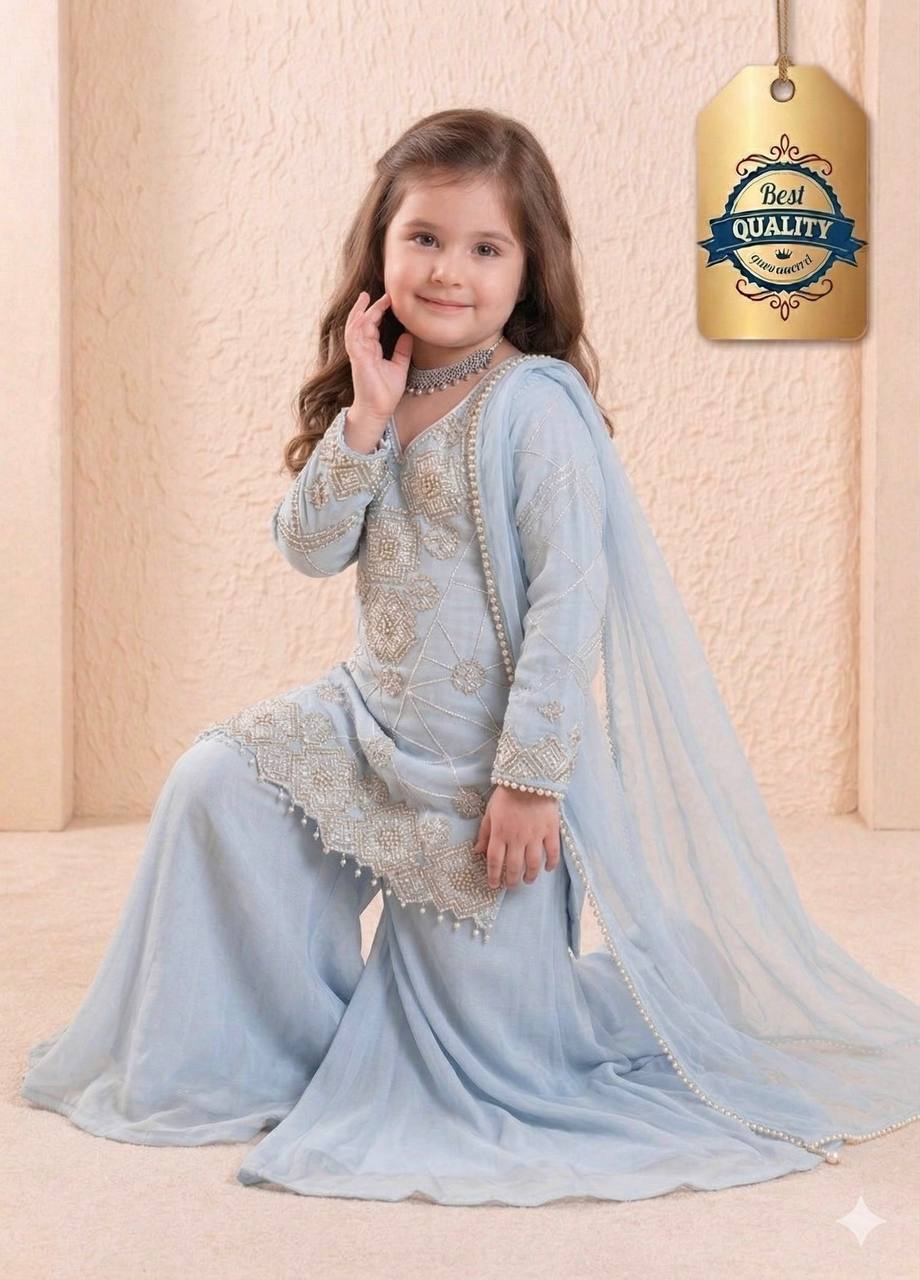 Girls Powder Blue Embroidered Kurta Palazzo Set with Dupatta