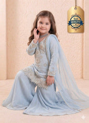 Girls Powder Blue Embroidered Kurta Palazzo Set with Dupatta