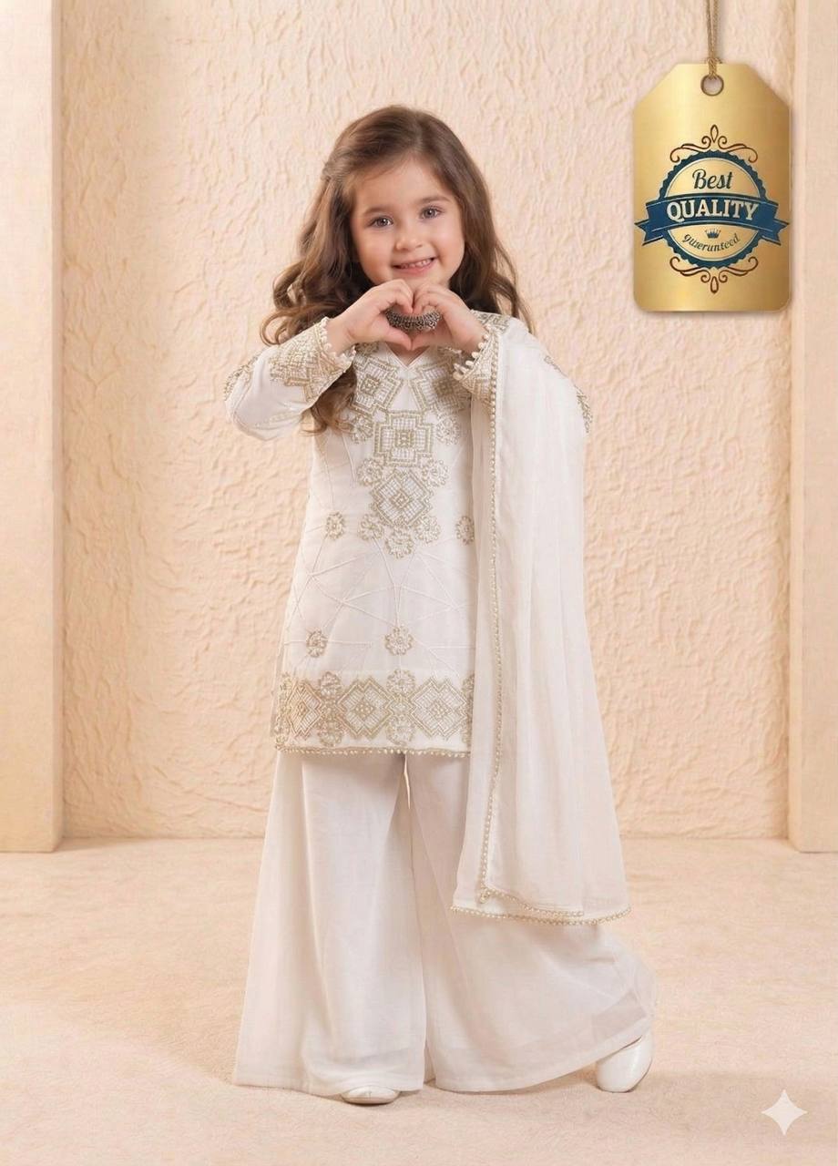 Girls Off White Embroidered Kurta Palazzo Set with Dupatta