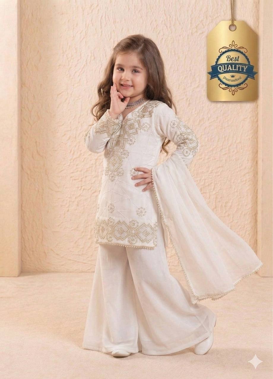 Girls Off White Embroidered Kurta Palazzo Set with Dupatta