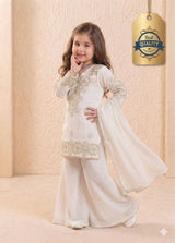 Girls Off White Embroidered Kurta Palazzo Set with Dupatta