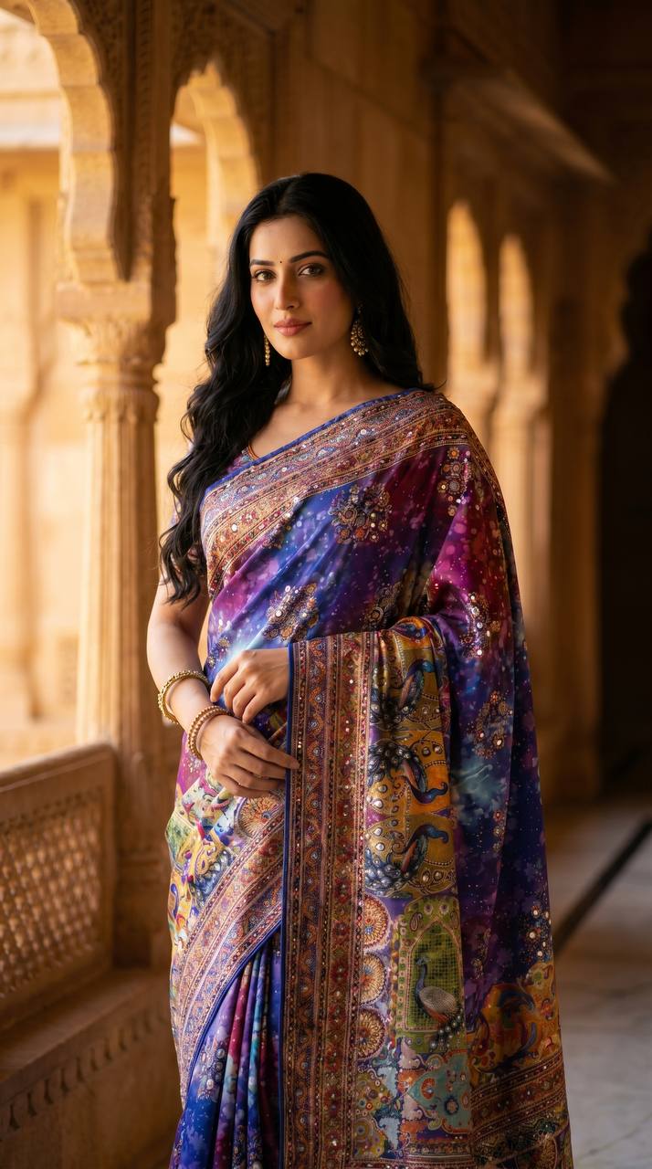 Royal multicolor soft satin printed saree with real mirror work fancy moti latkan pallu