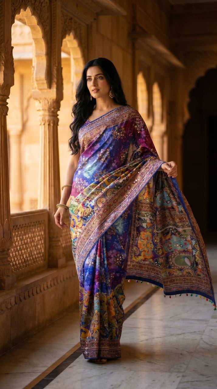 Royal multicolor soft satin printed saree with real mirror work fancy moti latkan pallu mameraa