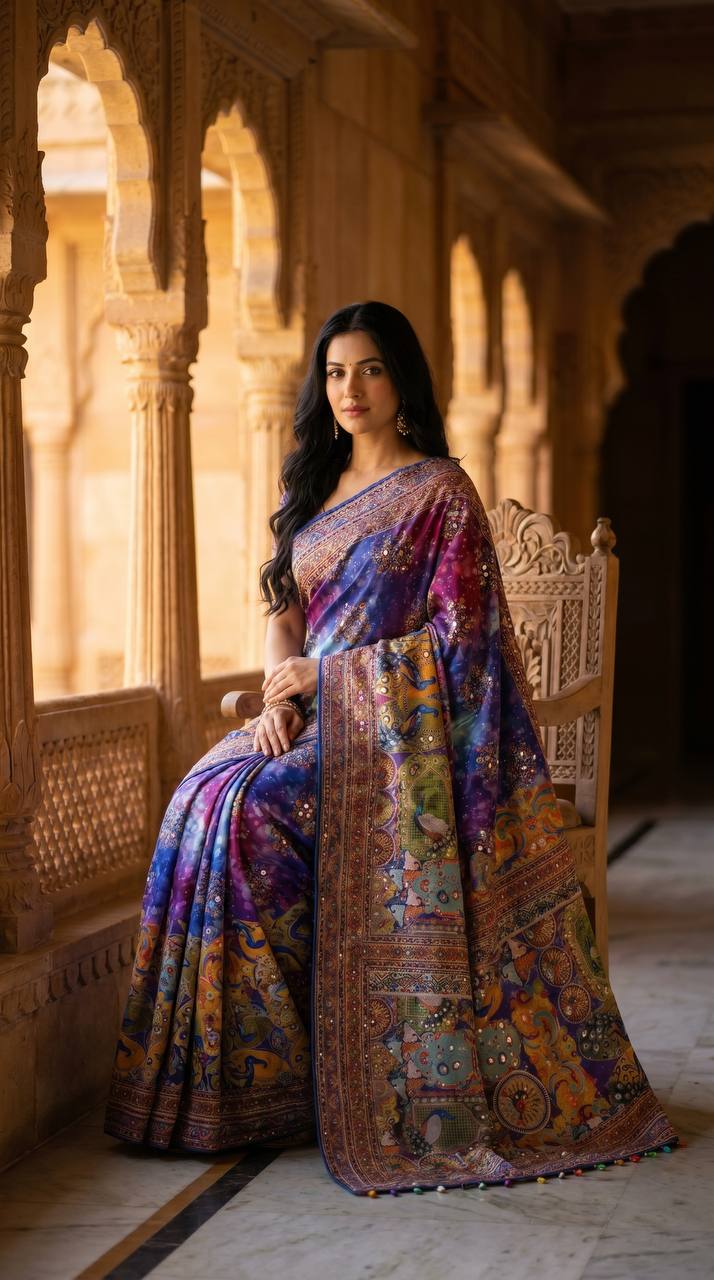 Royal multicolor soft satin printed saree with real mirror work fancy moti latkan pallu