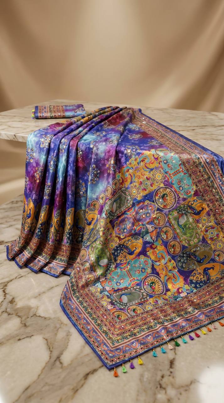 Royal multicolor soft satin printed saree with real mirror work fancy moti latkan pallu