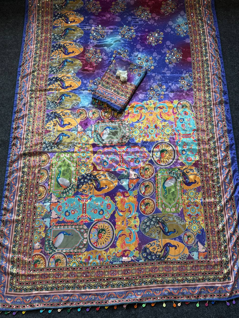 Royal multicolor soft satin printed saree with real mirror work fancy moti latkan pallu