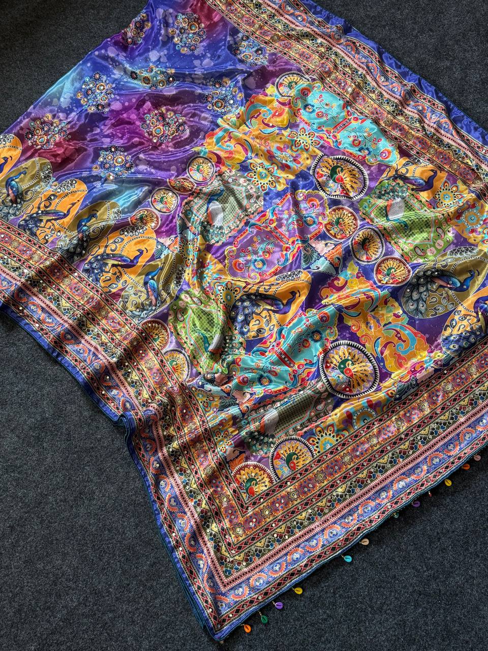 Royal multicolor soft satin printed saree with real mirror work fancy moti latkan pallu