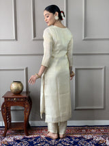 Women Cream Embroidered Kurta Set with Printed Dupatta