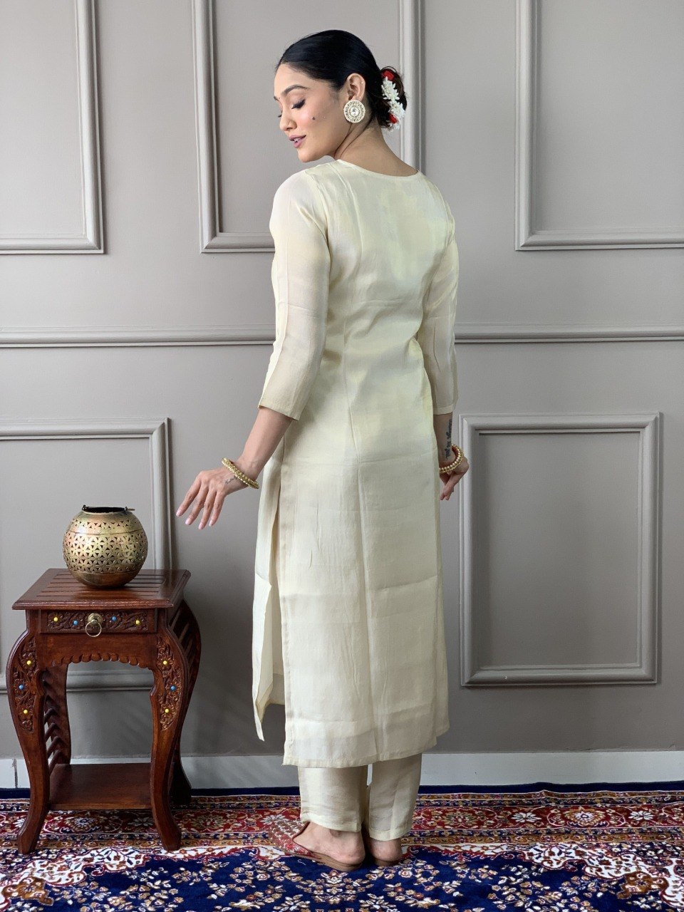 Women Cream Embroidered Kurta Set with Printed Dupatta
