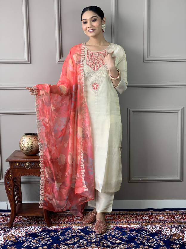 Women Cream Embroidered Kurta Set with Printed Dupatta