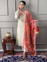 Women Cream Embroidered Kurta Set with Printed Dupatta