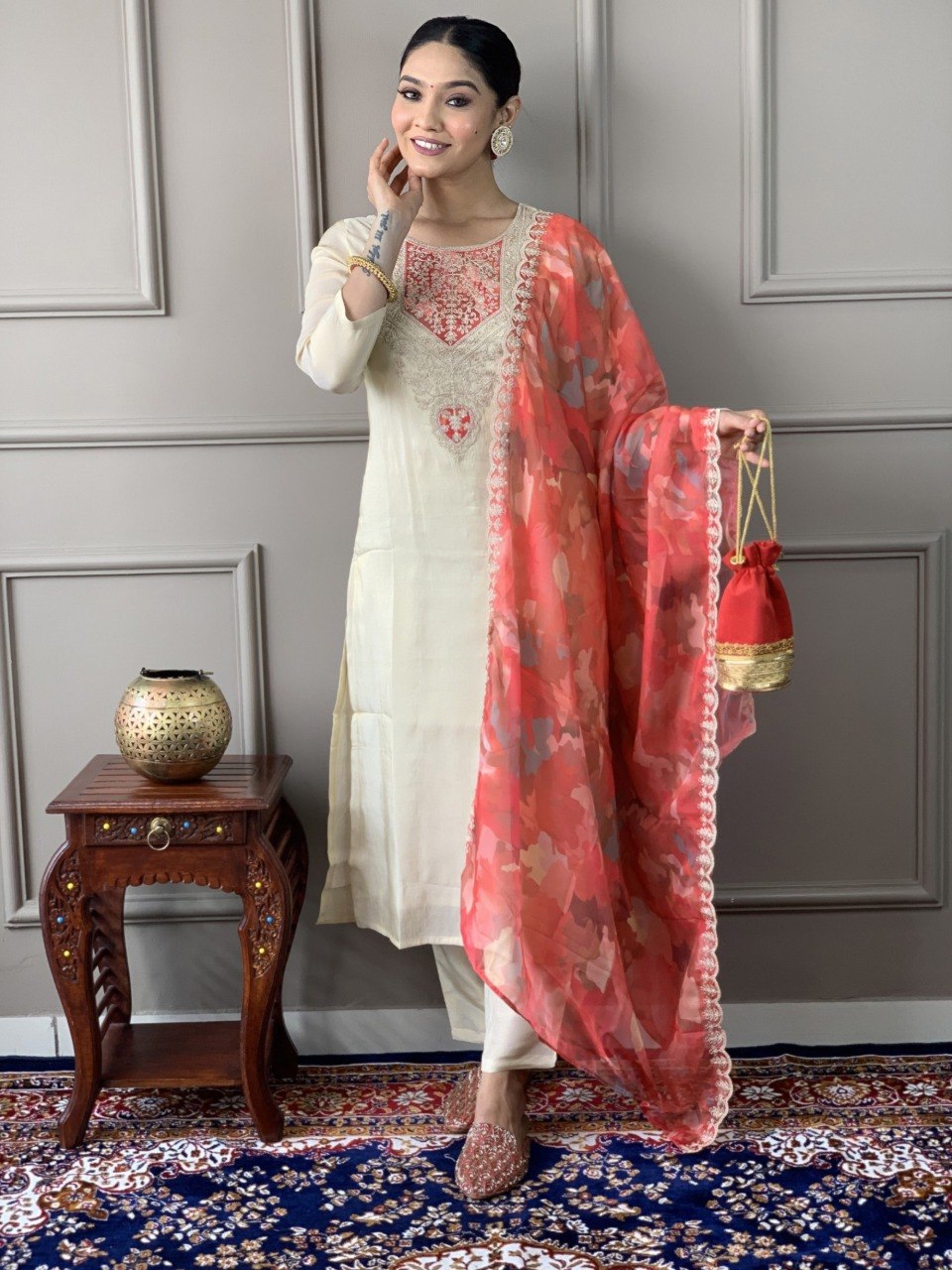 Women Cream Embroidered Kurta Set with Printed Dupatta