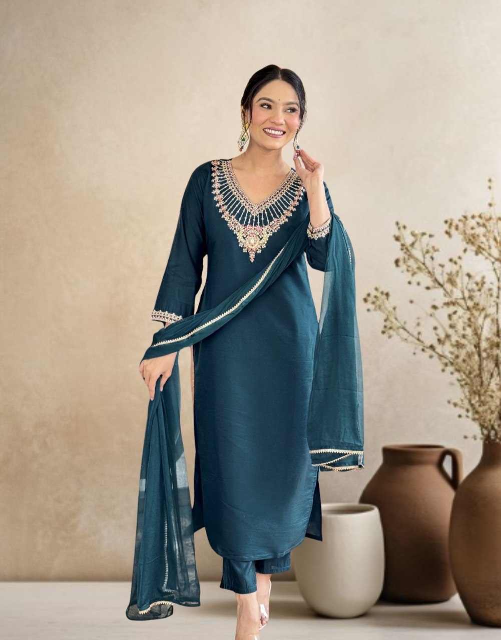 Women Teal Green Embroidered Kurta Set with Dupatta