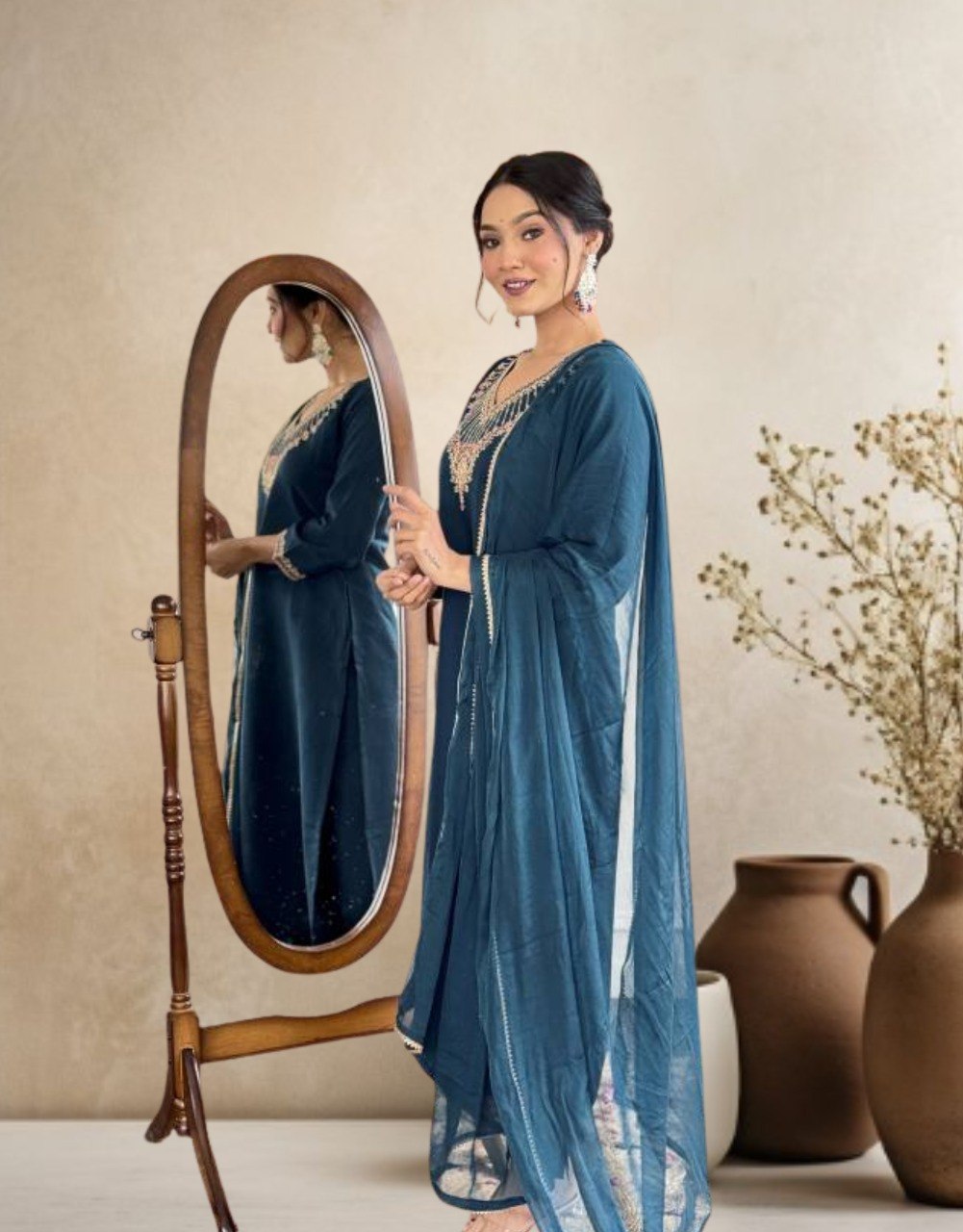 Women Teal Green Embroidered Kurta Set with Dupatta