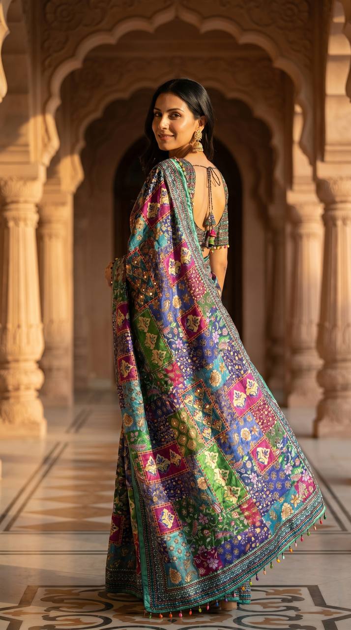 Soft satin ajrakh print saree with real mirror work fancy moti latkan pallu