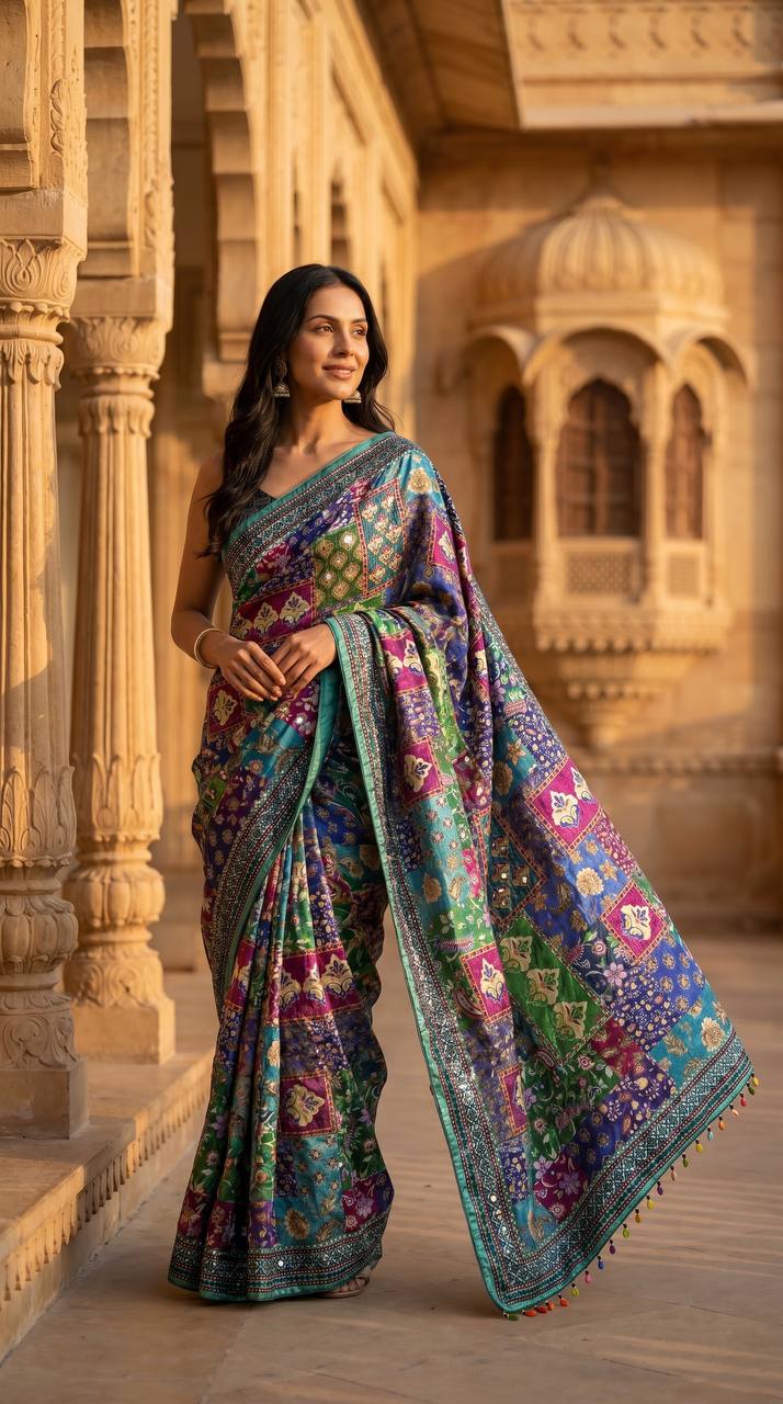 Soft satin ajrakh print saree with real mirror work fancy moti latkan pallu mameraa