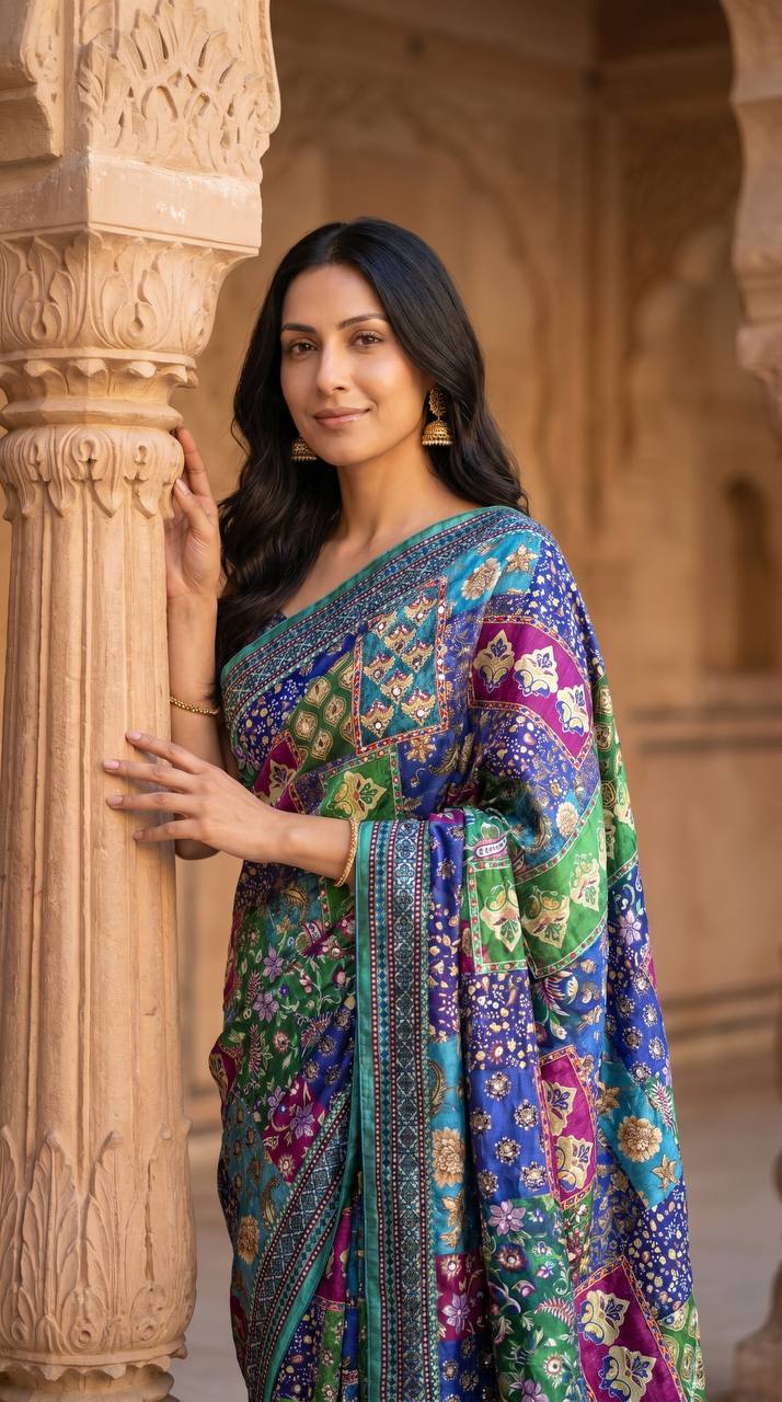 Soft satin ajrakh print saree with real mirror work fancy moti latkan pallu