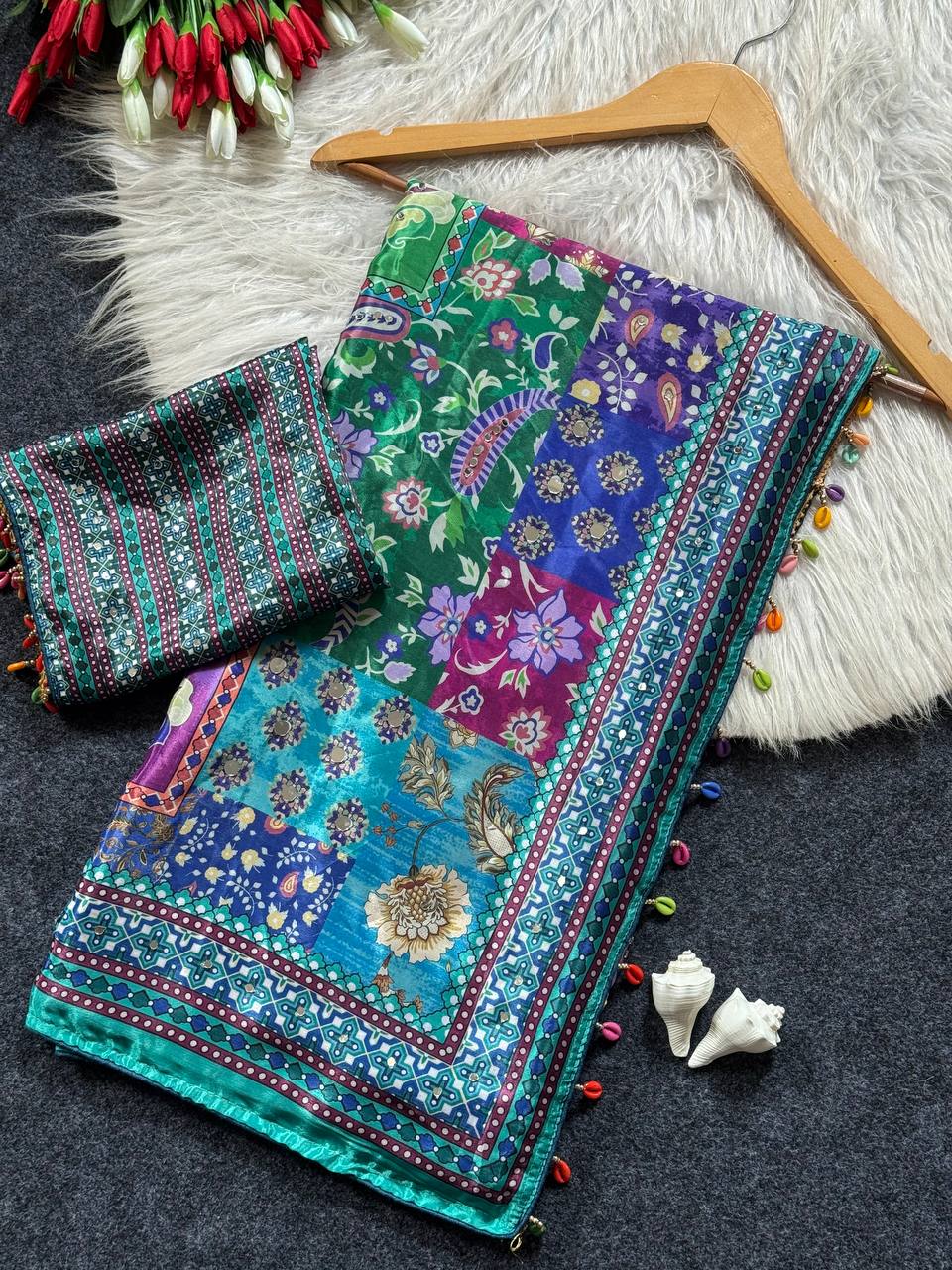 Soft satin ajrakh print saree with real mirror work fancy moti latkan pallu