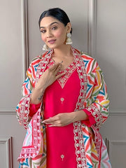 Women Pink Silk Embroidered Kurta Set with Printed Dupatta