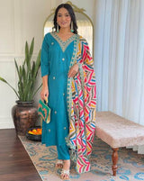 Women Teal Blue Embroidered Kurta Set with Printed Dupatta