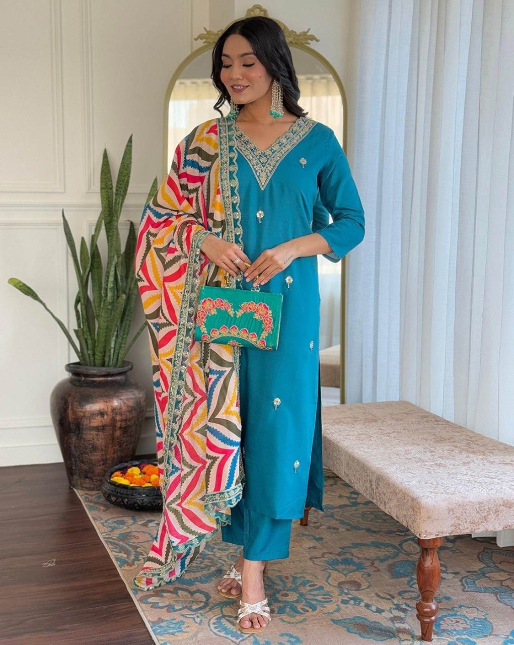 Women Teal Blue Embroidered Kurta Set with Printed Dupatta
