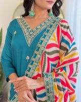 Women Teal Blue Embroidered Kurta Set with Printed Dupatta