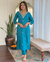 Women Teal Blue Embroidered Kurta Set with Printed Dupatta