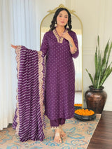 Women Purple Embroidered Kurta Set with Dupatta