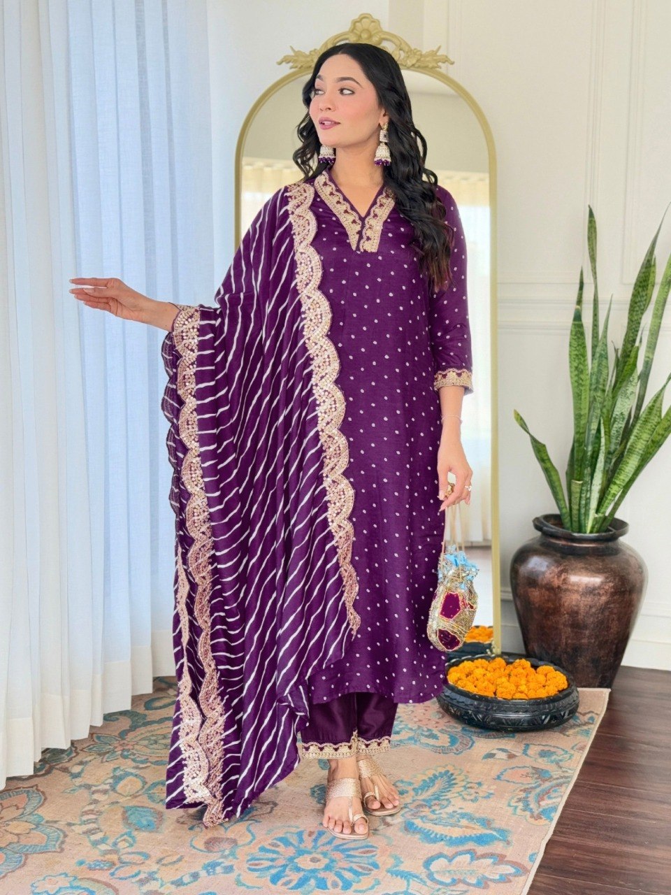 Women Purple Embroidered Kurta Set with Dupatta