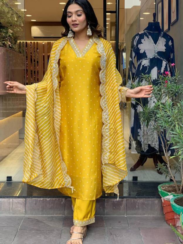 Women Mustard Yellow Embroidered Kurta Set with Dupatta