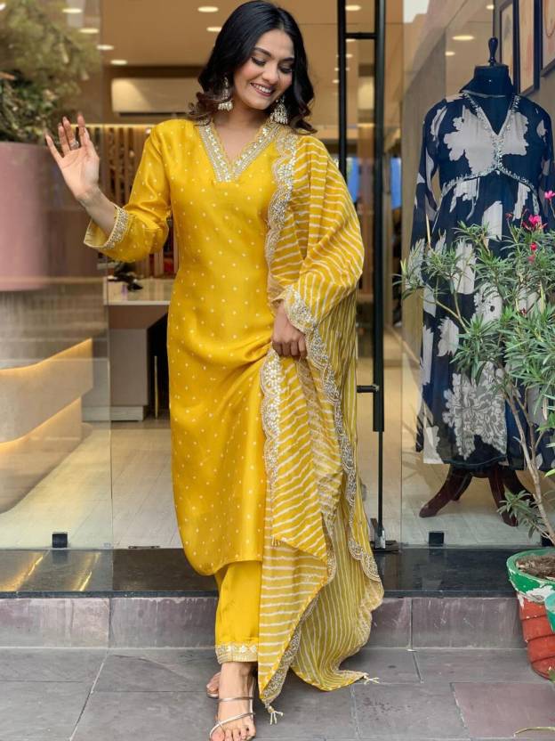 Women Mustard Yellow Embroidered Kurta Set with Dupatta