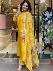 Women Mustard Yellow Embroidered Kurta Set with Dupatta