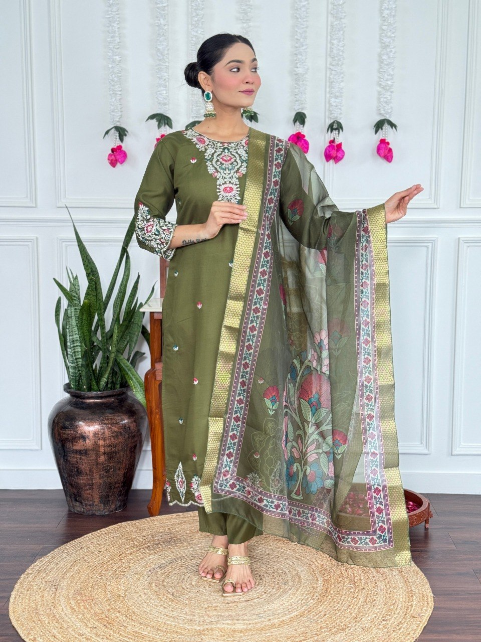 Women Olive Green Embroidered Kurta Set with Printed Dupatta