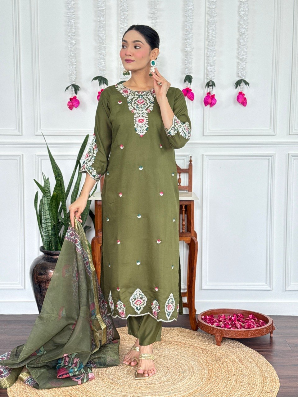 Women Olive Green Embroidered Kurta Set with Printed Dupatta