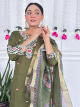 Women Olive Green Embroidered Kurta Set with Printed Dupatta