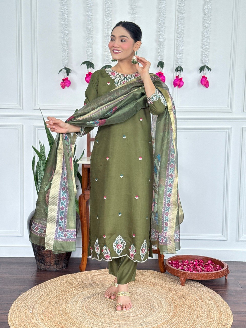 Women Olive Green Embroidered Kurta Set with Printed Dupatta