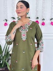 Women Olive Green Embroidered Kurta Set with Printed Dupatta
