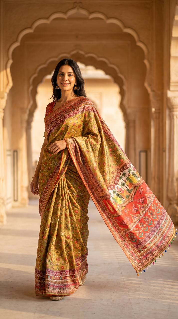 Women s olive green soft satin floral print saree with designer ethnic pallu multicolor latkan tassels mameraa